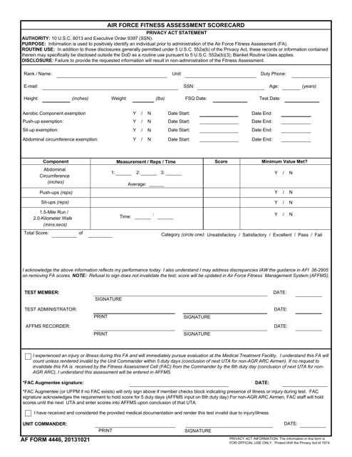 Af Form 4446 Air Force Fitness Assessment Scorecard Big 