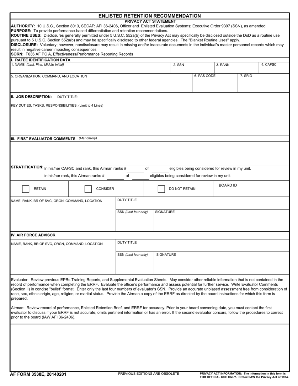 AF Form 3538E Enlisted Retention Recommendation, Page 1