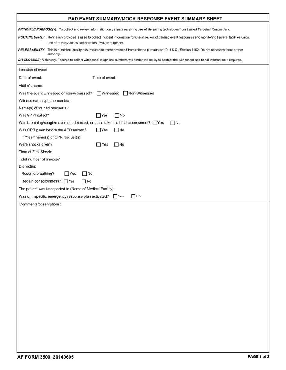 AF Form 3500 Pad Event Summary / Mock Response Event Summary Sheet, Page 1