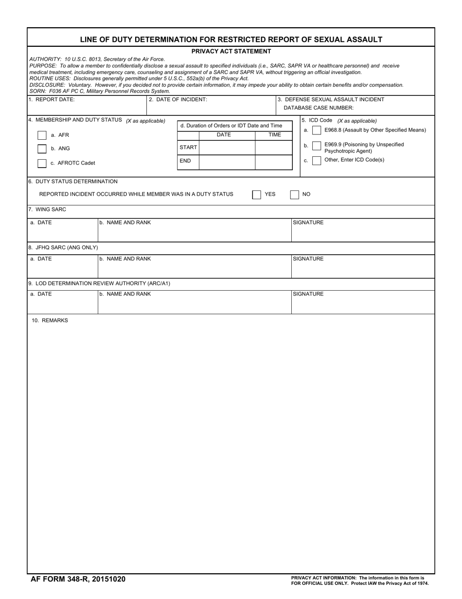 AF Form 348-R Line of Duty Determination for Restricted Report of Sexual Assault, Page 1