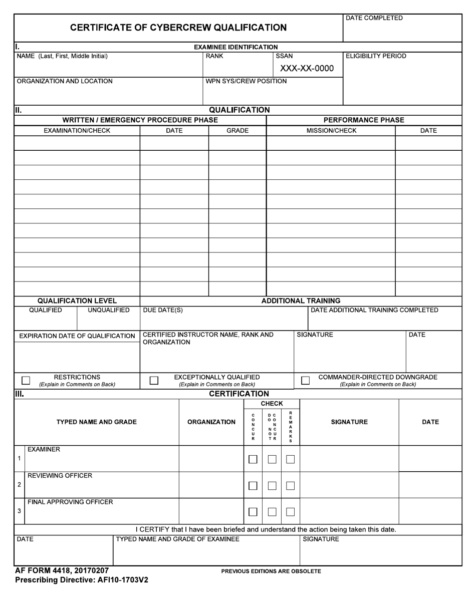 AF Form 4418 Certificate of Cybercrew Qualification, Page 1