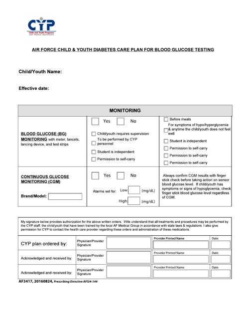 AF Form 3417 Air Force Child and Youth Diabetes Care Plan for Blood Glucose Testing