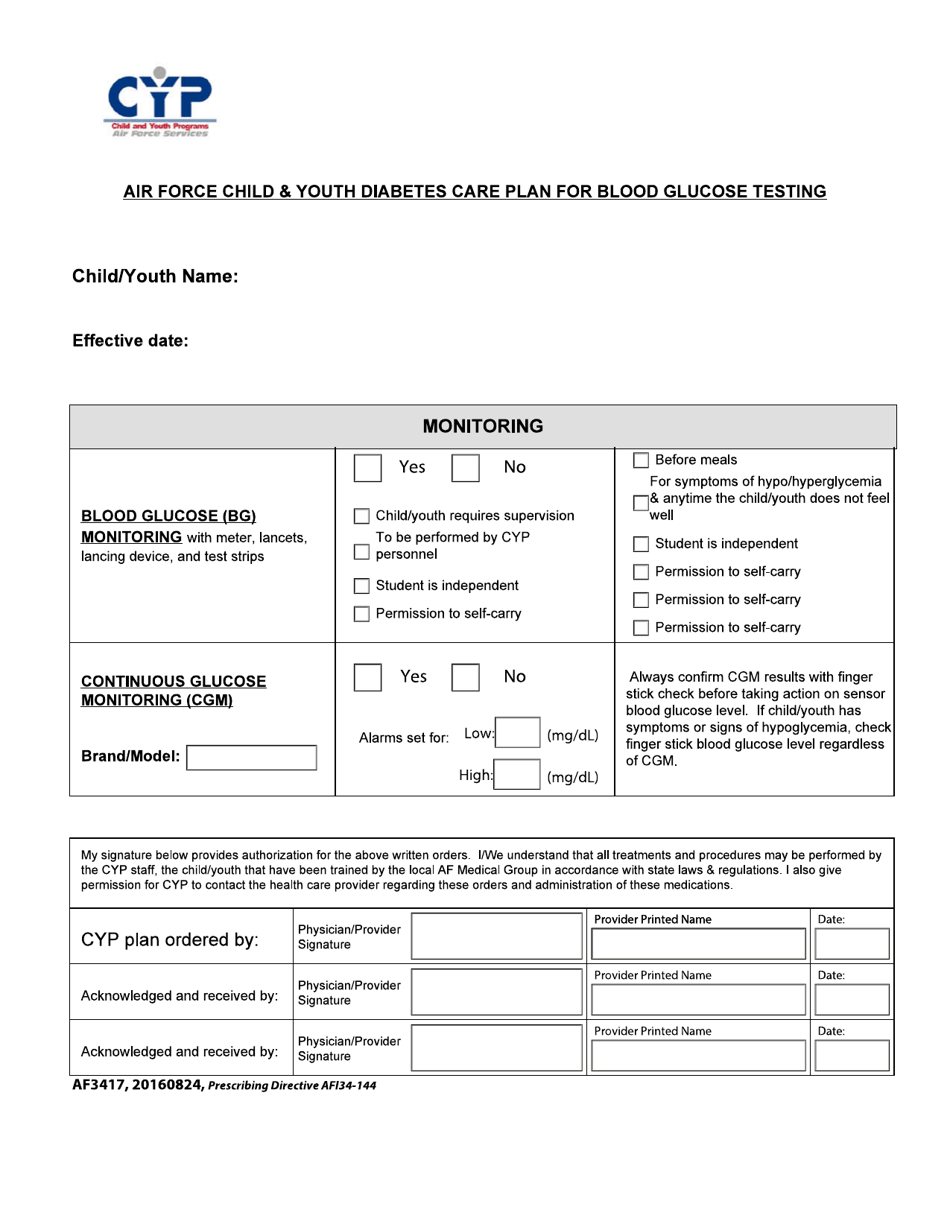 AF Form 3417 Air Force Child and Youth Diabetes Care Plan for Blood Glucose Testing, Page 1