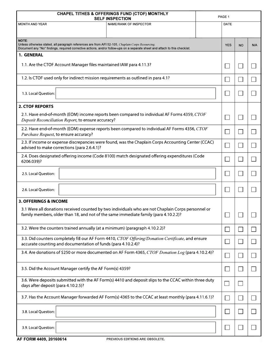 AF Form 4409 Chapel Tithes and Offering Fund (Ctof) Monthly Self Assessment, Page 1