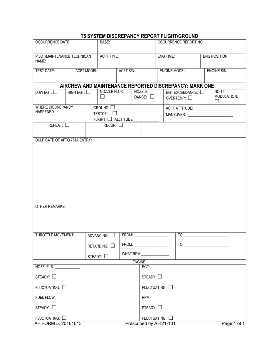 AF Form 5 T5 System Discrepancy Report Flight / Ground, Page 1