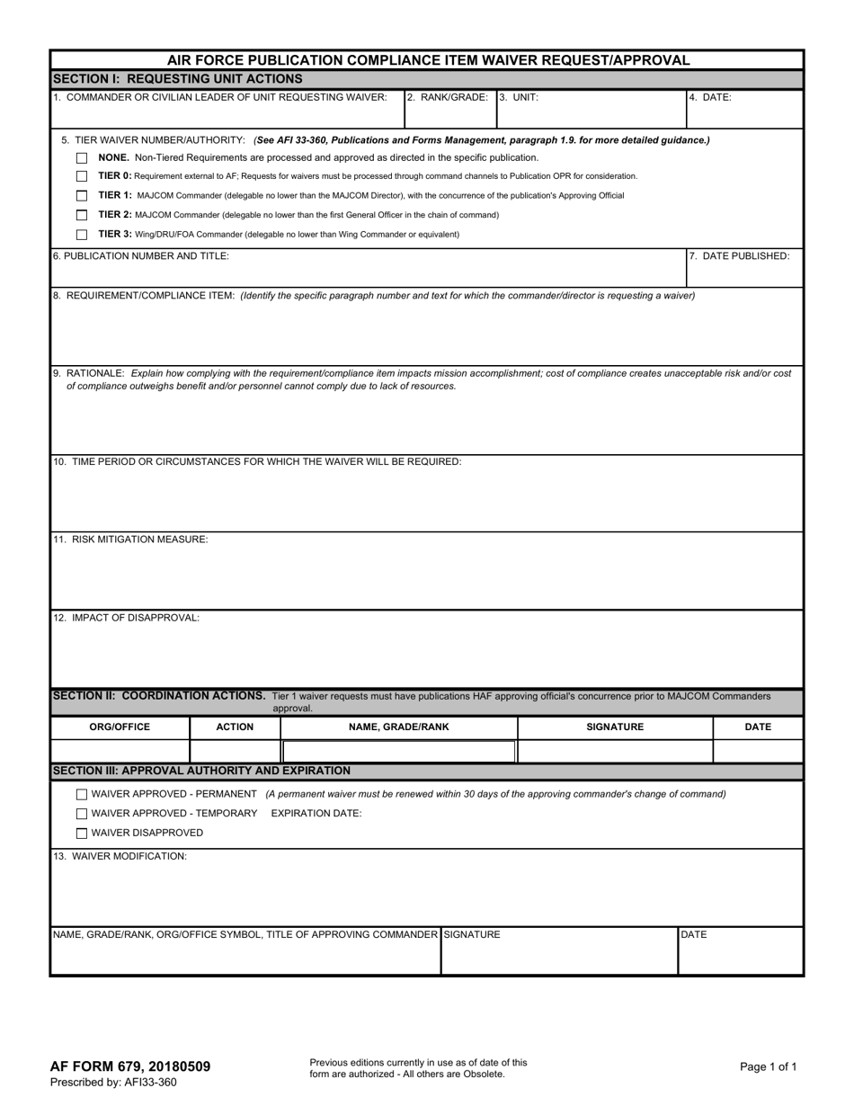 AF Form 679 Air Force Publication Compliance Item Waiver Request / Approval, Page 1