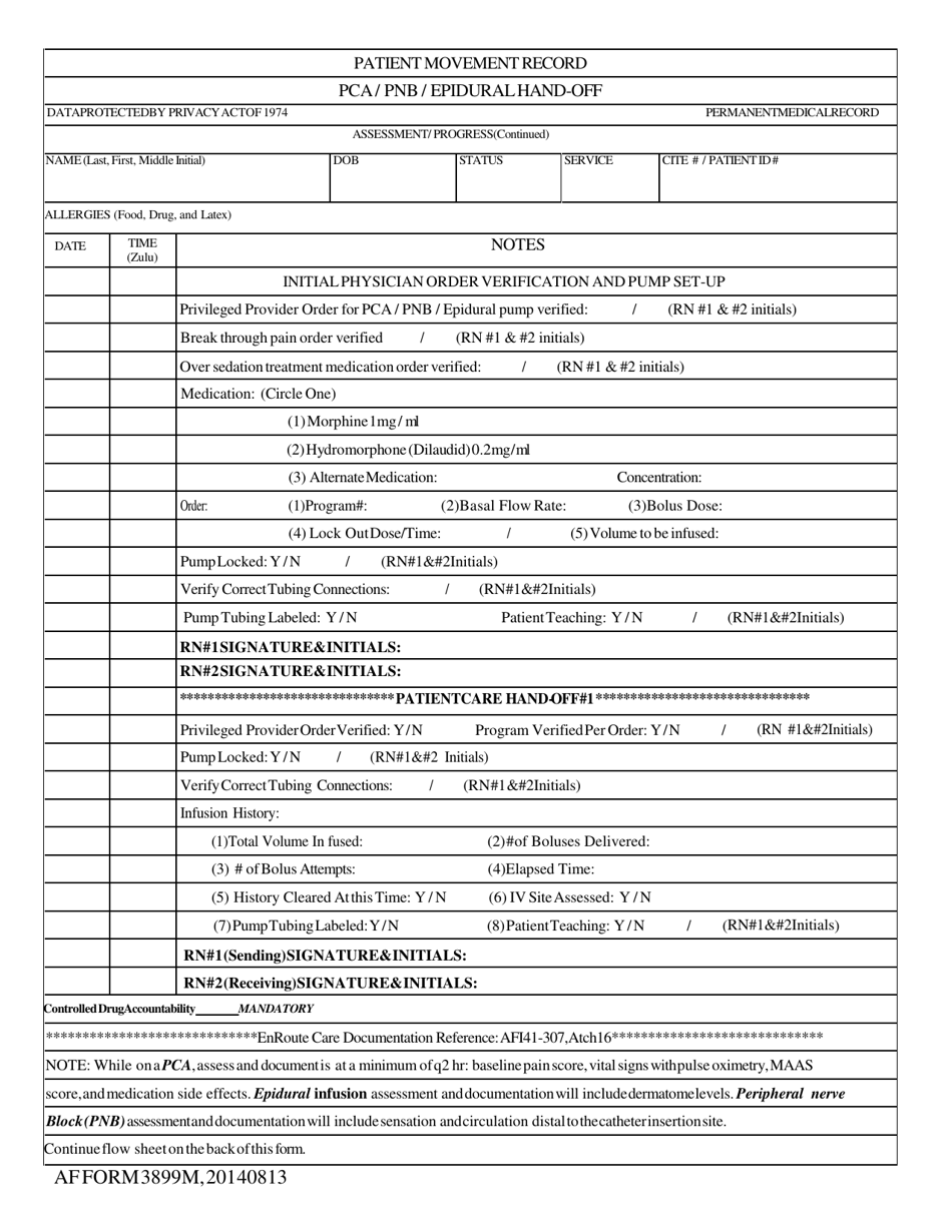 AF Form 3899M Patient Movement Record Pca / Pnb Epidural Hand-Off, Page 1