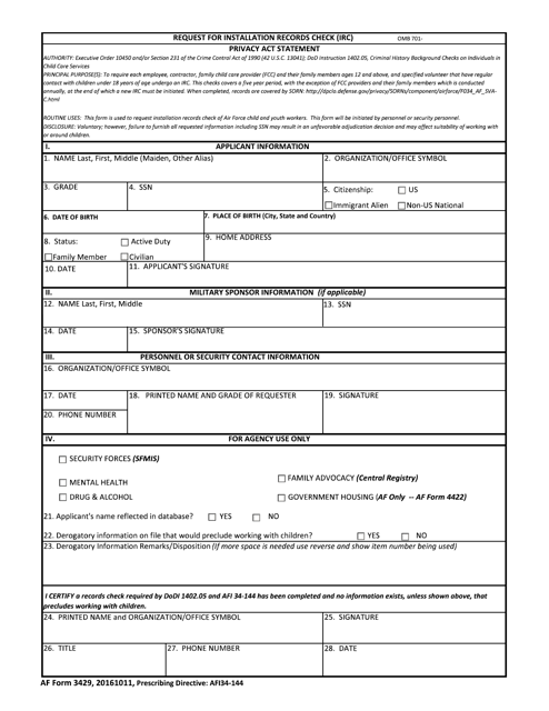 AF Form 3429 Request for Installation Records Check (IRC)