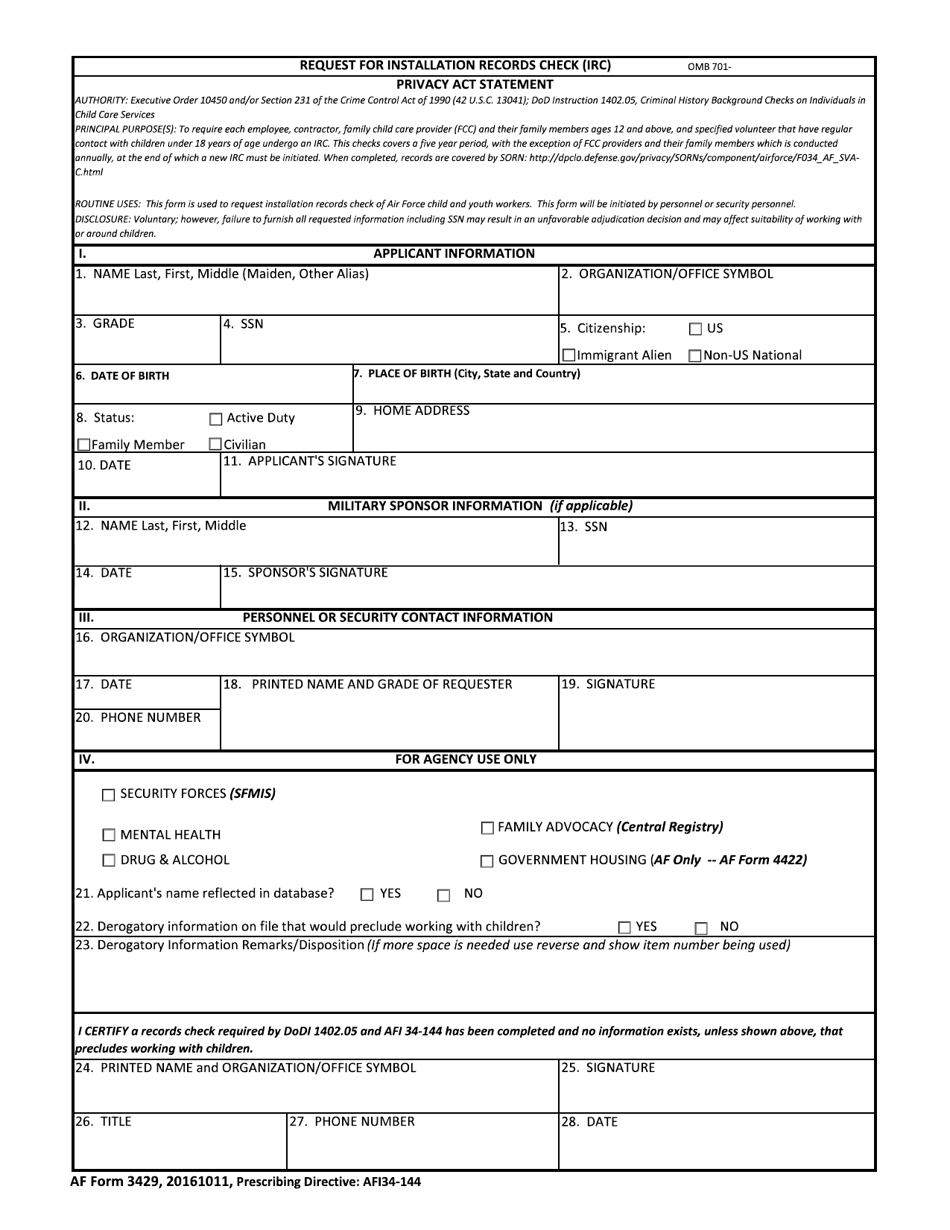 AF Form 3429 Request for Installation Records Check (IRC), Page 1