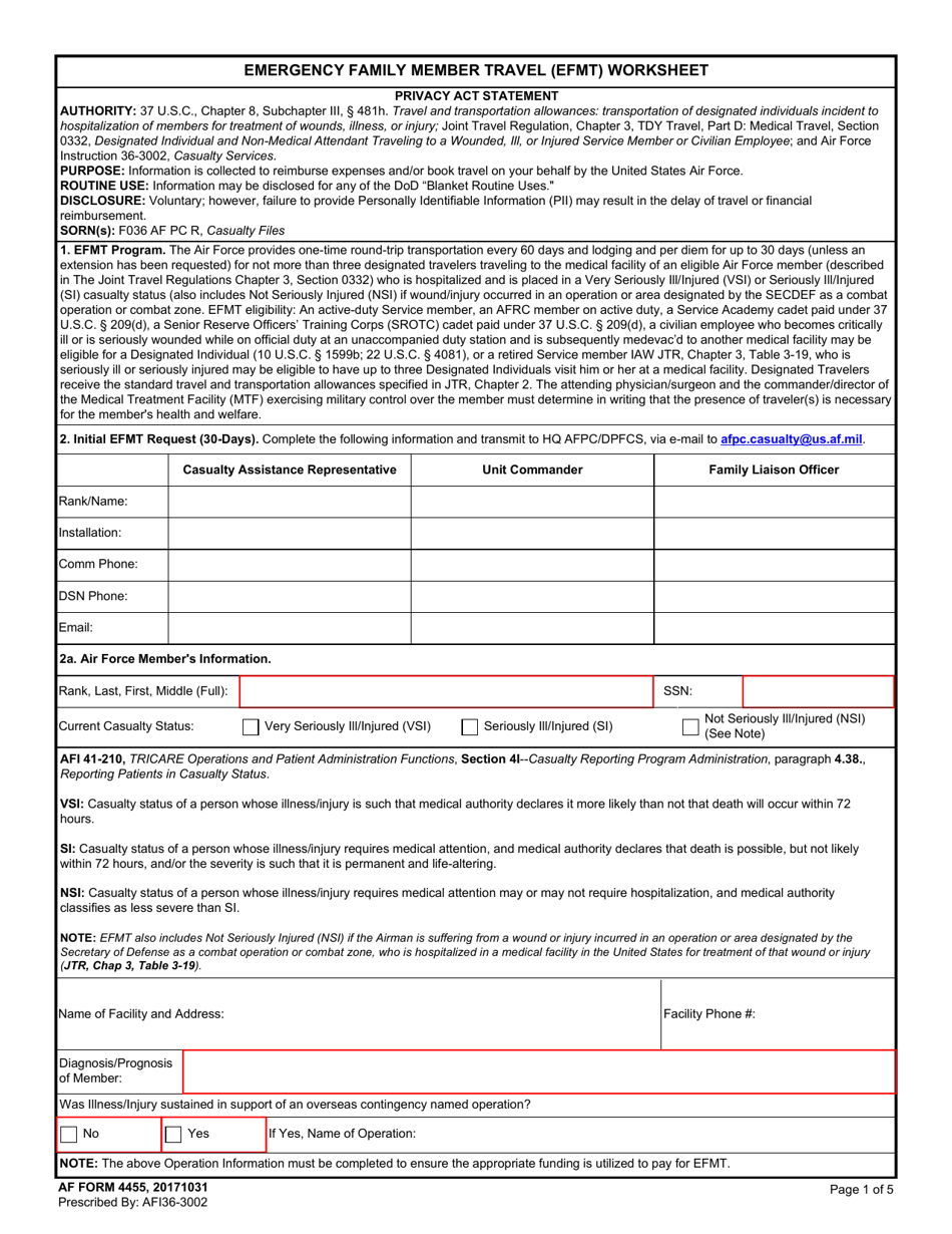 AF Form 4455 Emergency Family Member Travel (Efmt) Worksheet, Page 1