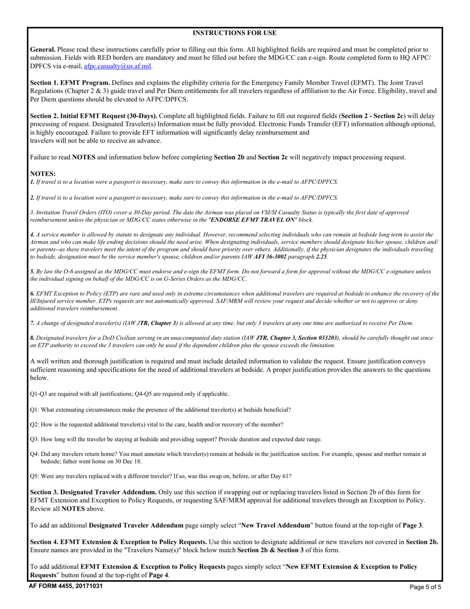 AF Form 4455 Emergency Family Member Travel (Efmt) Worksheet, Page 5