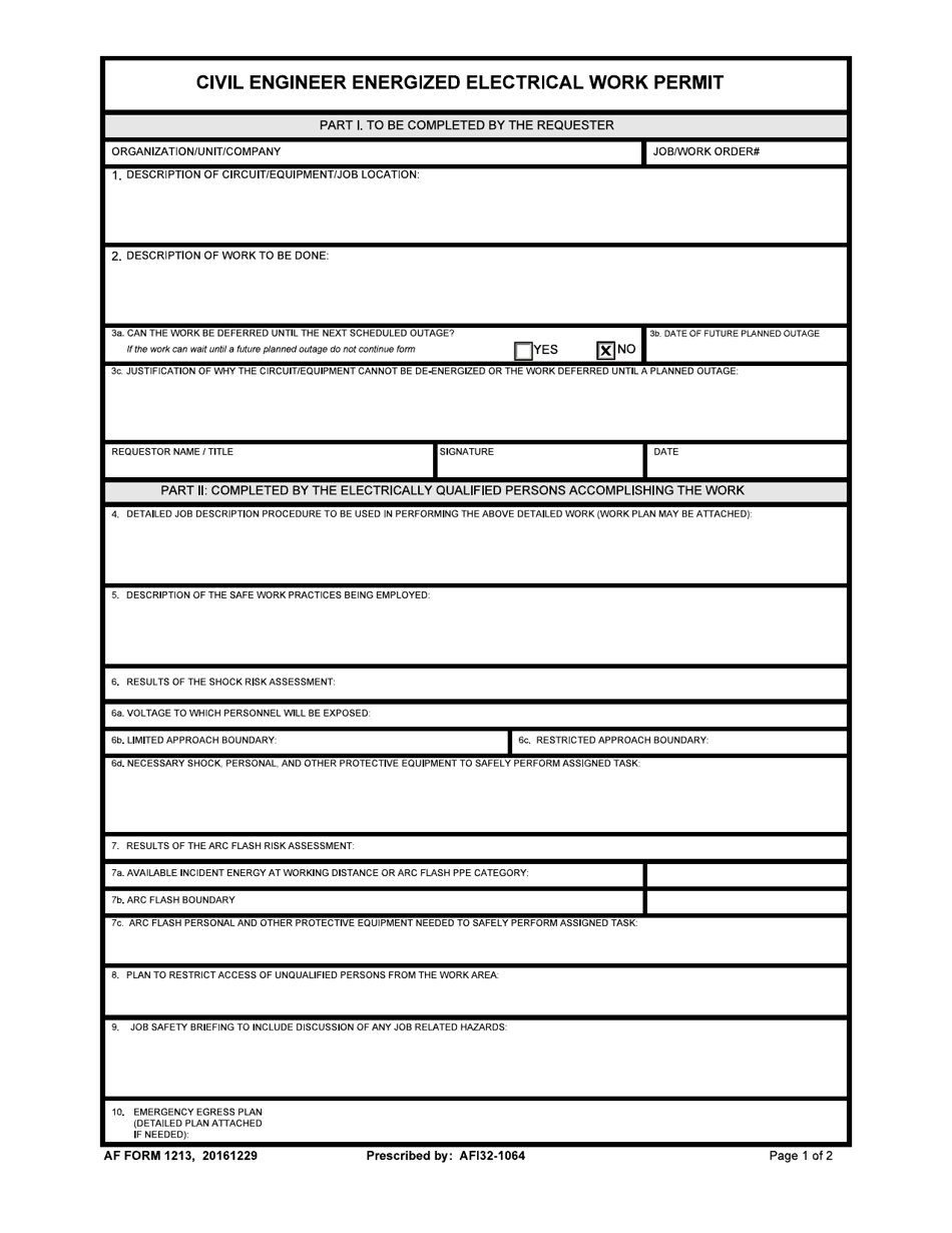 AF Form 1213 Civil Engineer Energized Electrical Work Permit, Page 1