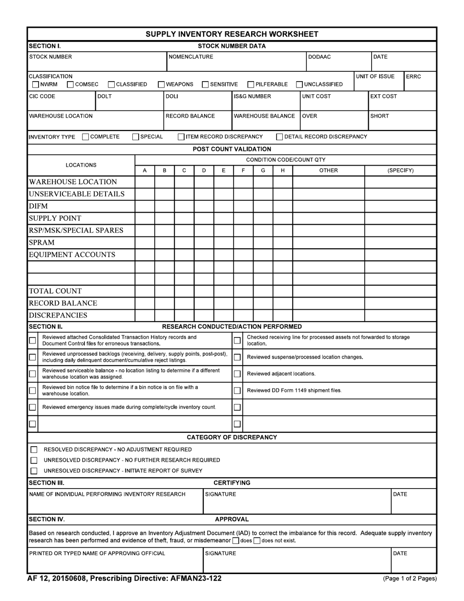AF Form 12 Supply Inventory Research Worksheet, Page 1