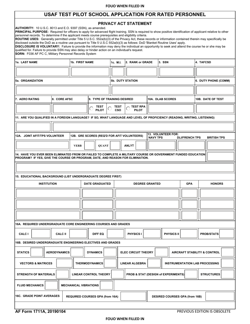 AF Form 1711A USAF Test Pilot School Application for Rated Personnel, Page 1