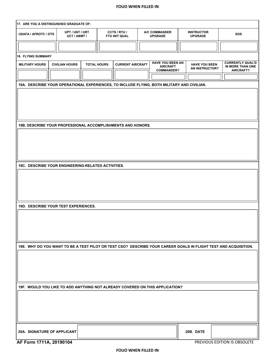 AF Form 1711A USAF Test Pilot School Application for Rated Personnel, Page 2