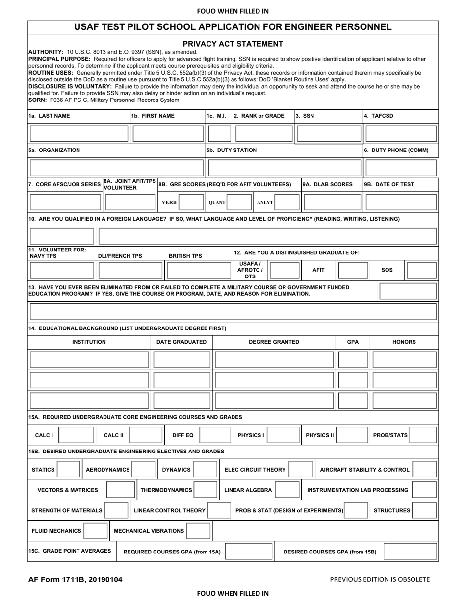 AF Form 1711B USAF Test Pilot School Application for Engineer Personnel, Page 1