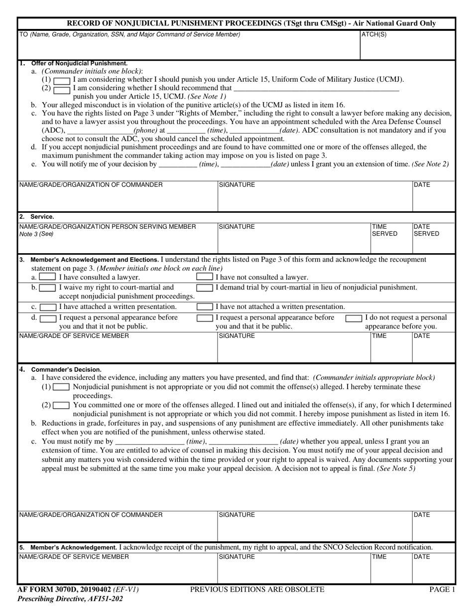 AF Form 3070D Record of Nonjudicial Punishment Proceedings (TSGT Thru CMSgt) - Air National Guard Only, Page 1