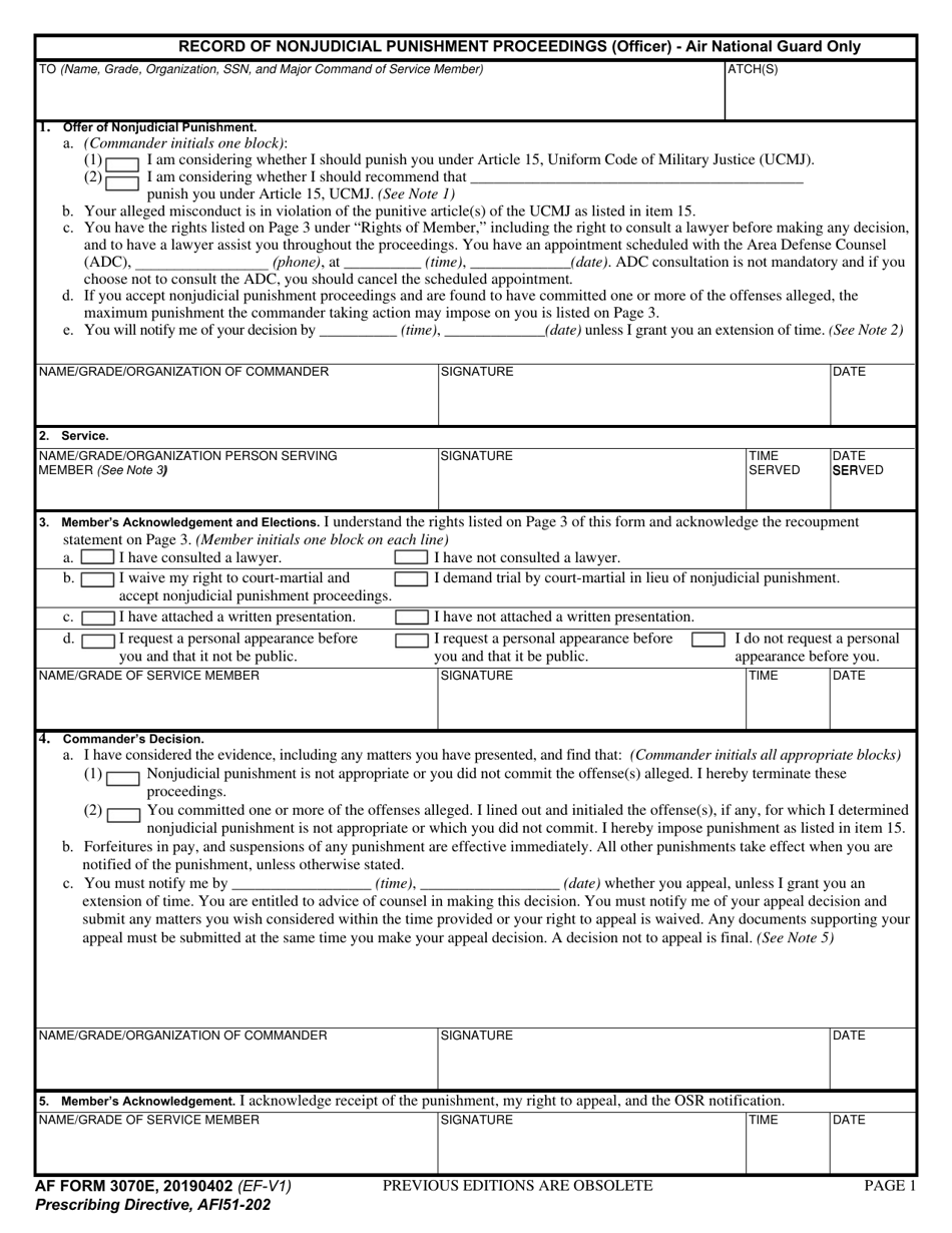 AF Form 3070E Record of Nonjudicial Punishment Proceedings (Officer) - Air National Guard Only, Page 1