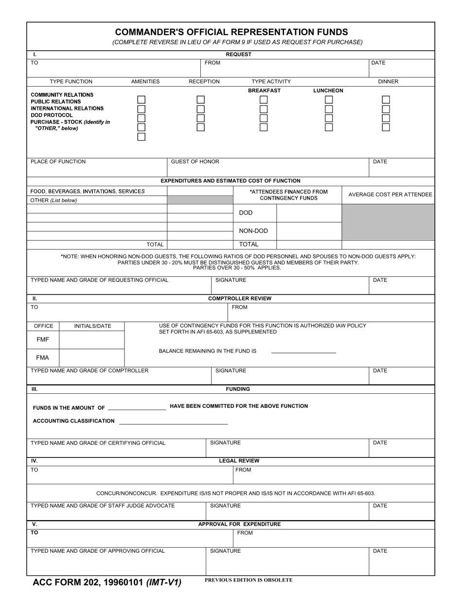 ACC Form 202 Commanders Official Representation Funds, Page 1