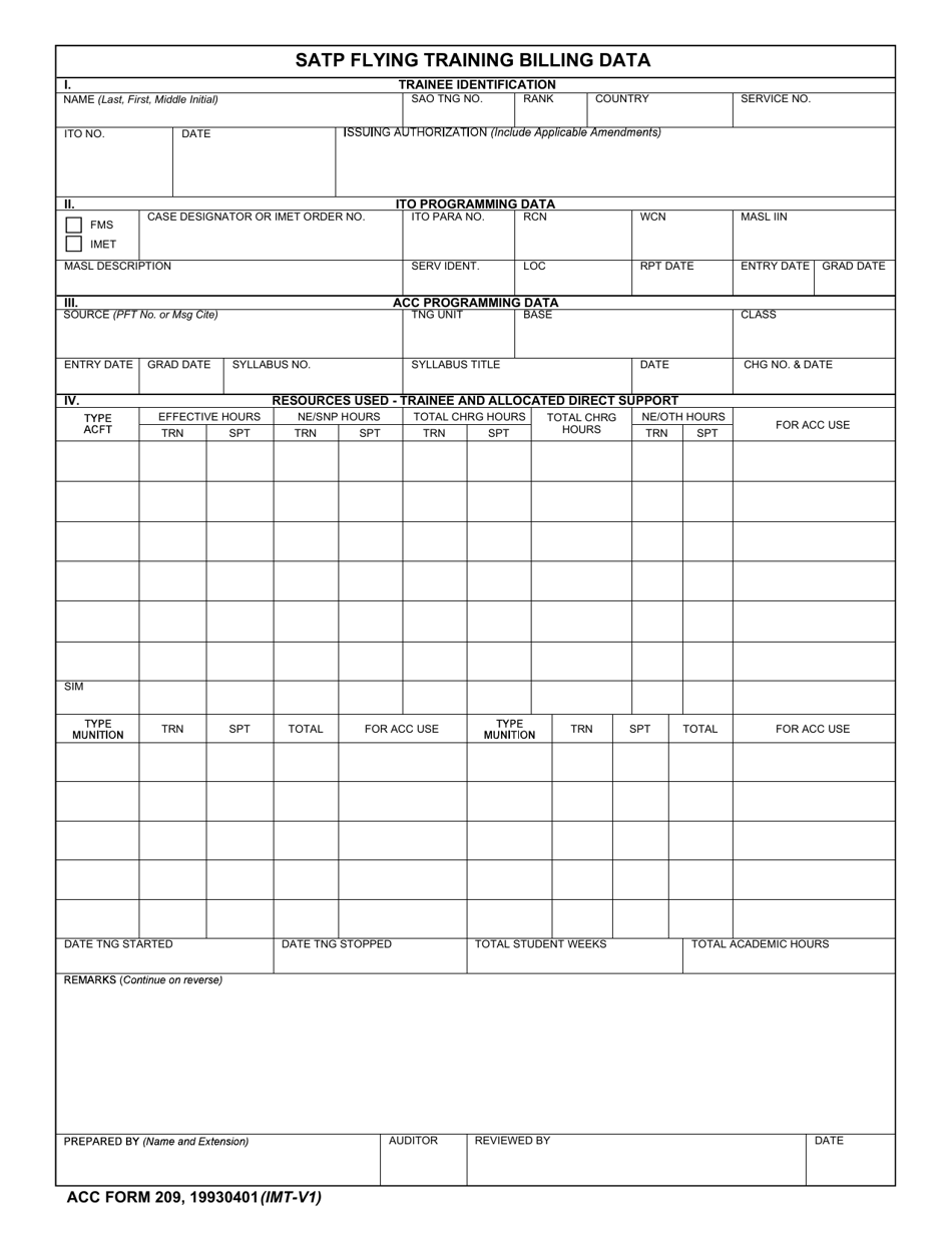 ACC Form 209 Satp Flying Training Billing Data, Page 1