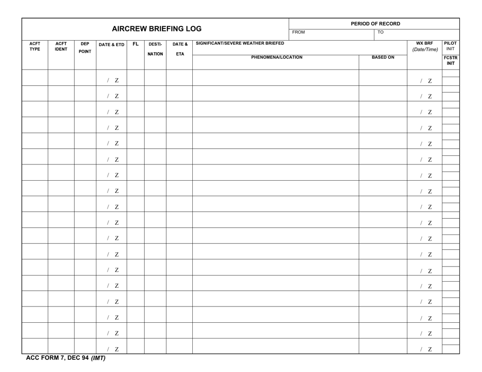 ACC Form 7 Aircrew Briefing Log, Page 1