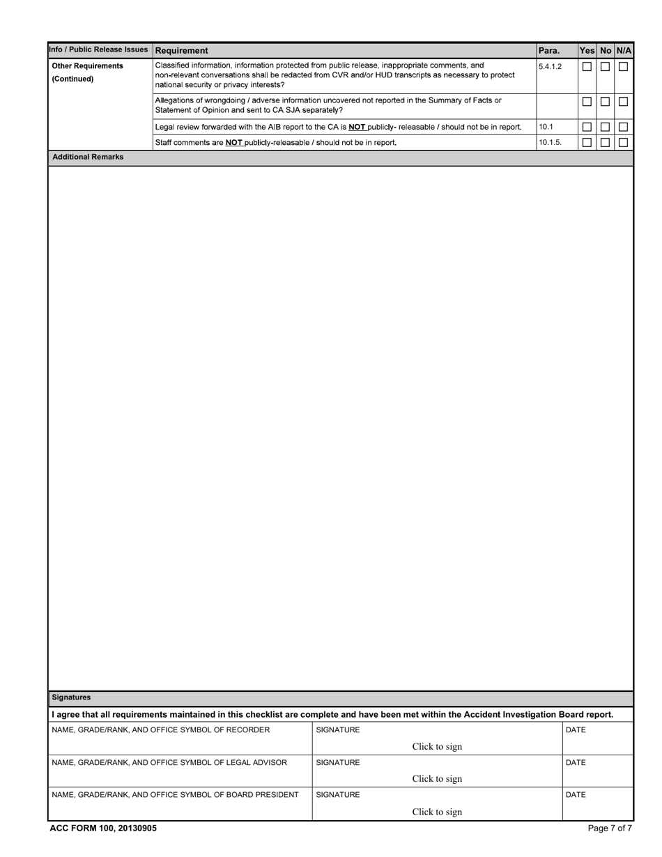 ACC Form 100 Aircraft Accident Investigation Board Checklist, Page 7