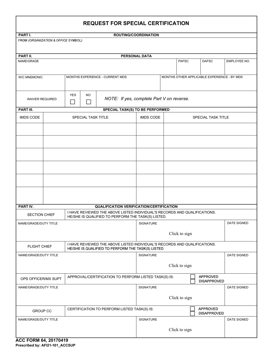 ACC Form 64 Request for Special Certification, Page 1