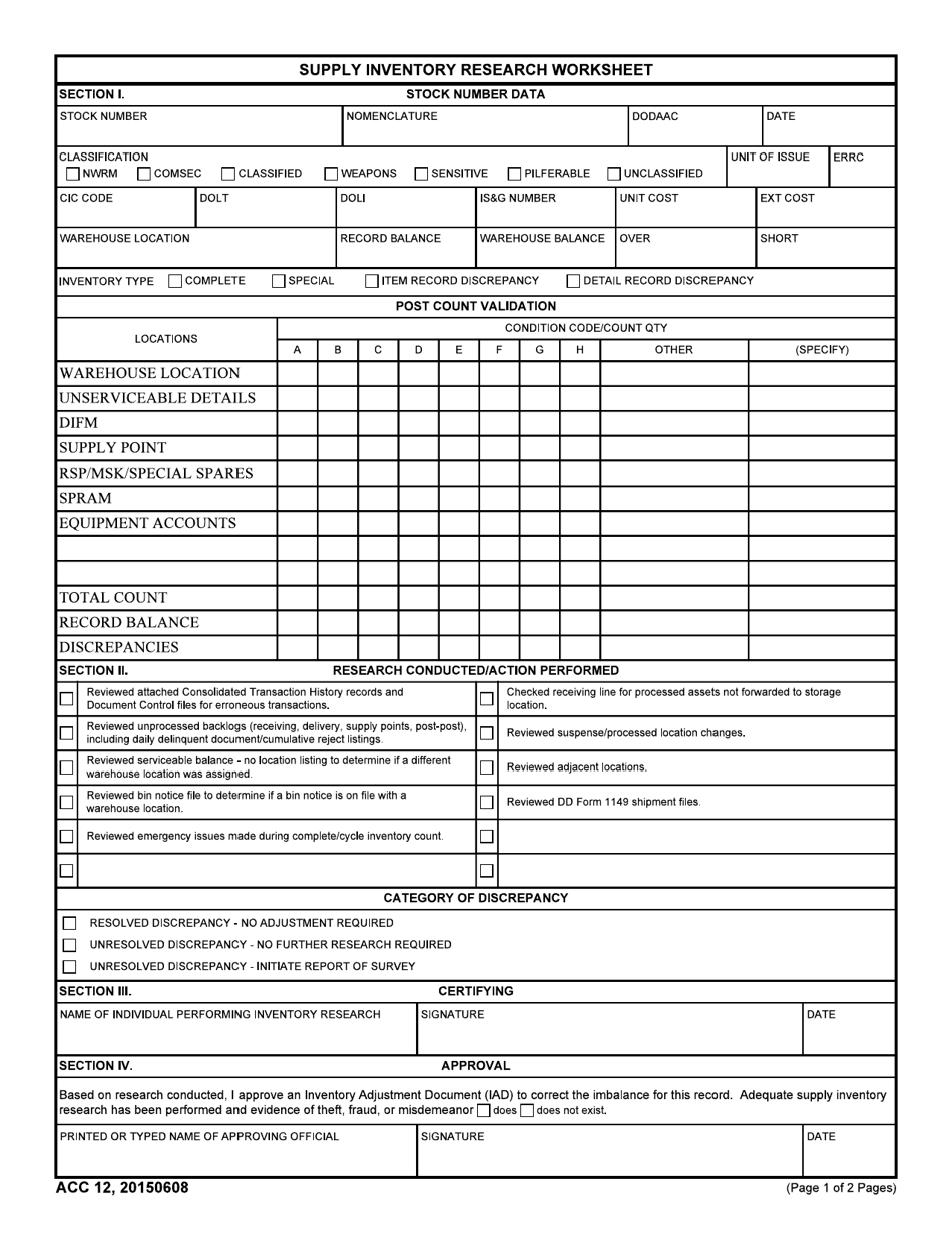 ACC Form 12 Supply Inventory Research Worksheet, Page 1