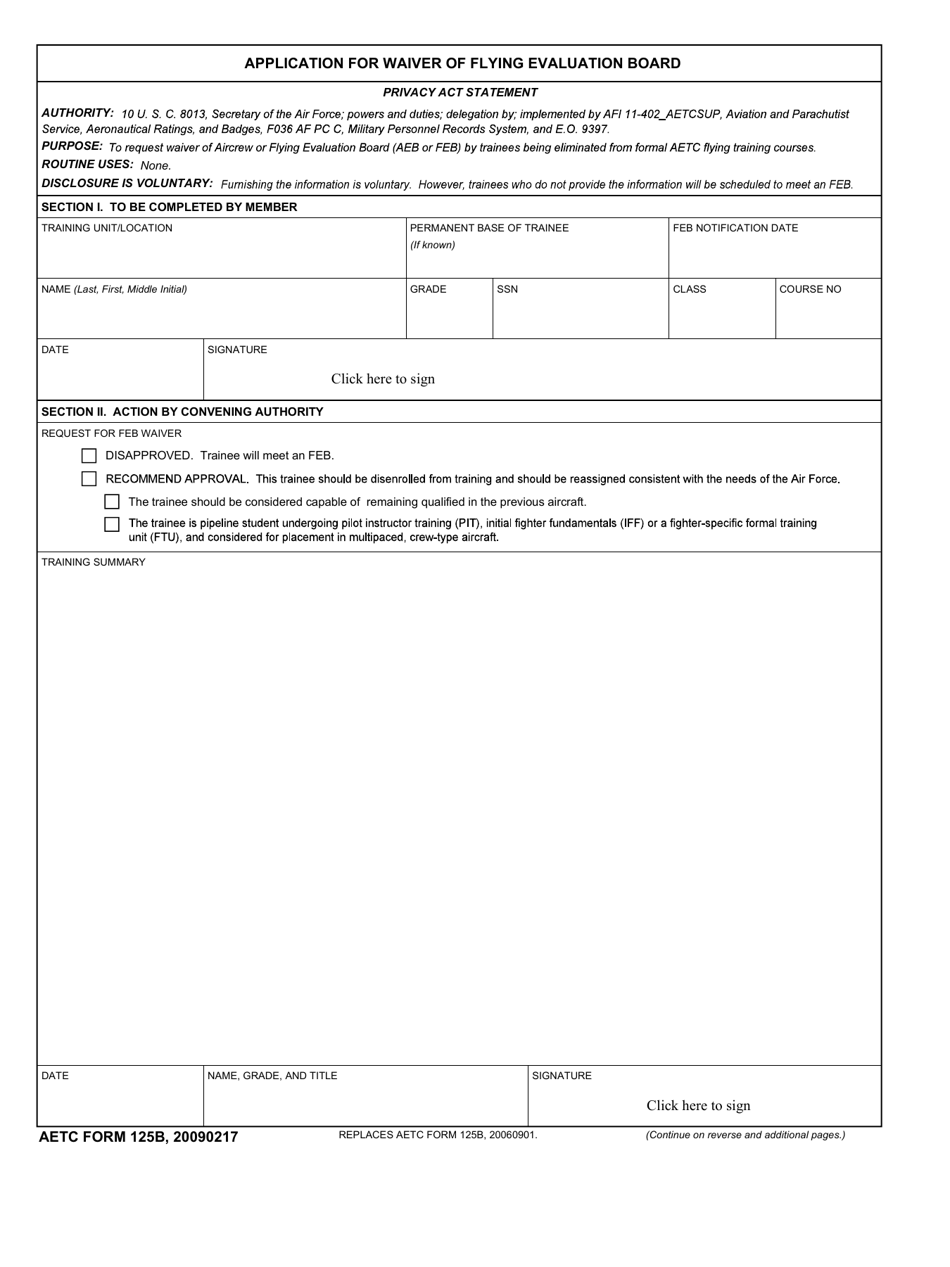 AETC Form 125B Application for Waiver of Flying Evaluation Board, Page 1
