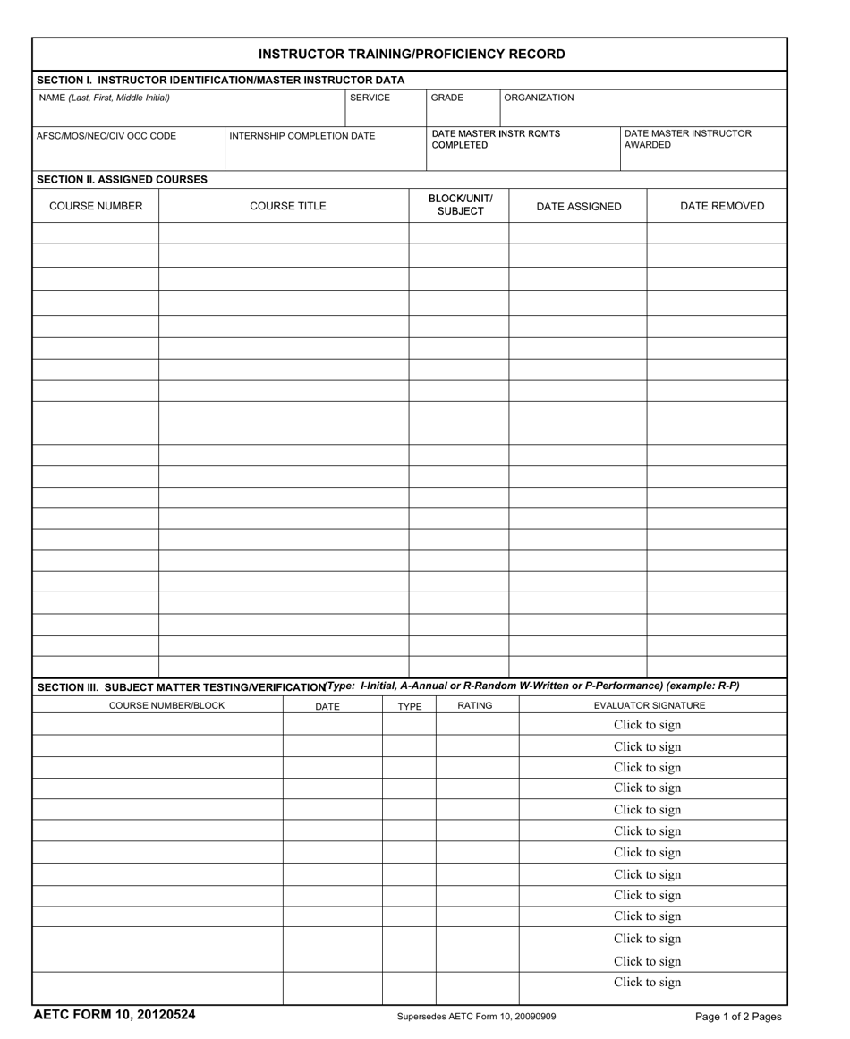 AETC Form 10 Instructor Training / Proficiency Record, Page 1