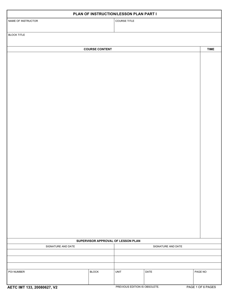 AETC Form 133 Part I Plan of Instruction / Lesson Plan, Page 1