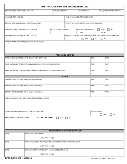 AETC Form 138 Download Fillable PDF or Fill Online Lost Tool or Item ...