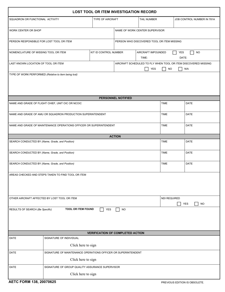 AETC Form 138 Download Fillable PDF or Fill Online Lost Tool or Item ...