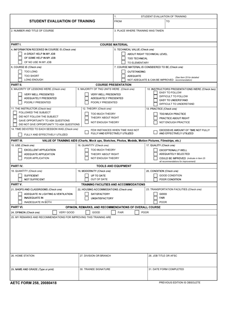 AETC Form 258 Student Evaluation of Training