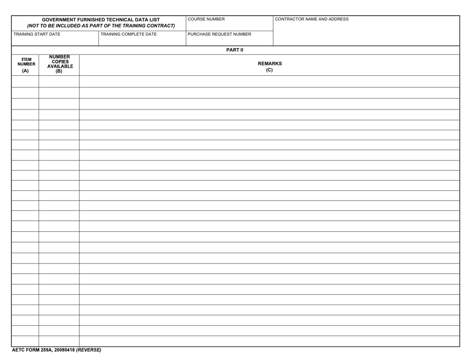 AETC Form 259A Government Furnished Technical Data List, Page 2