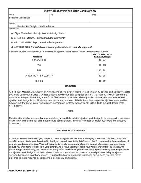 AETC Form 35 Ejection Seat Weight Limit Notification