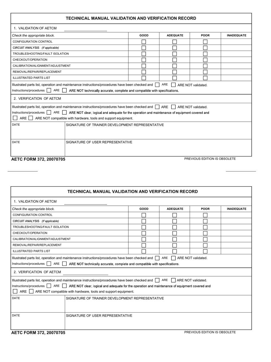 AETC Form 372 Technical Manual Validation and Verification Record, Page 1