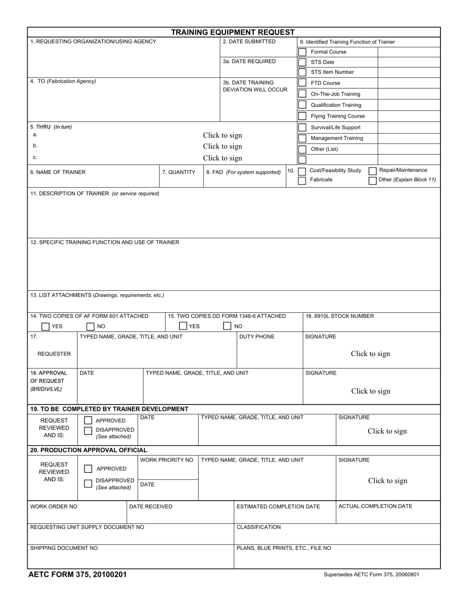 AETC Form 375 Training Equipment Request, Page 1