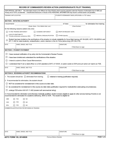 AETC Form 139 Record of Commander's Review Action (Undergraduate Pilot Training)