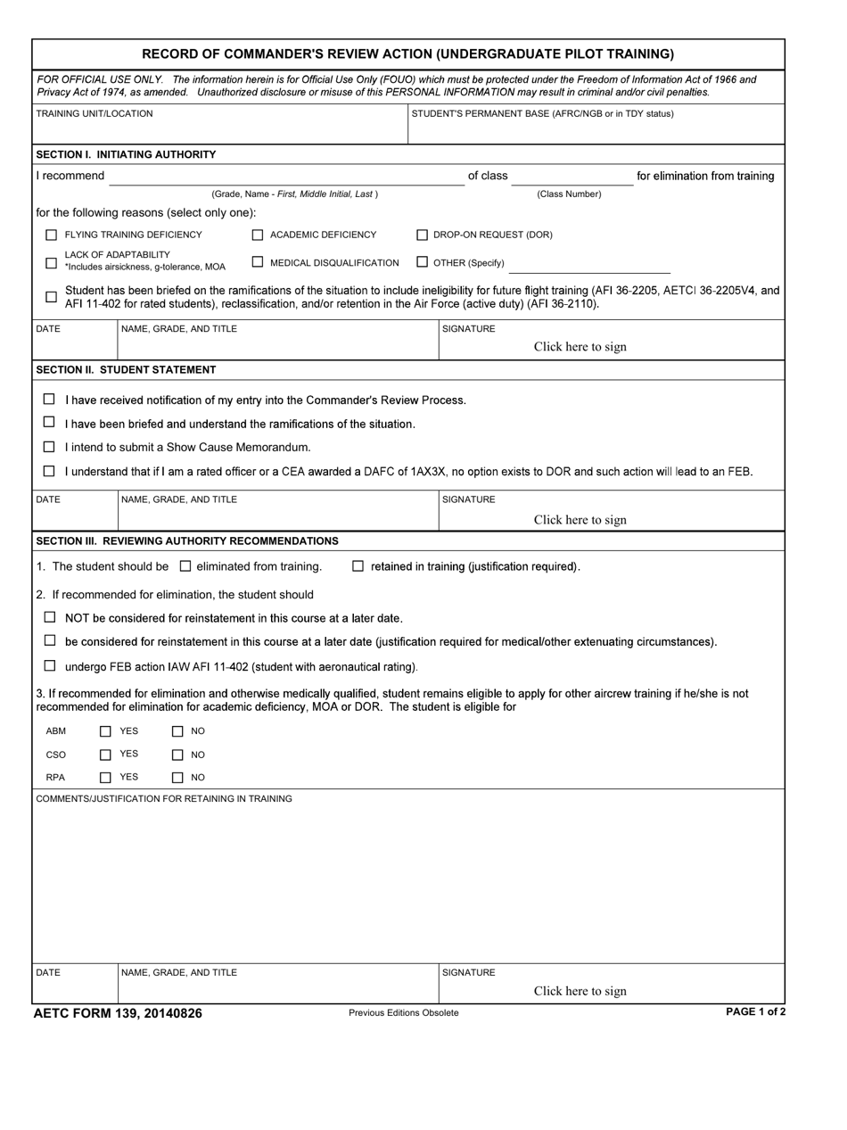 AETC Form 139 Record of Commanders Review Action (Undergraduate Pilot Training), Page 1