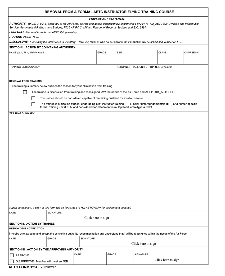 AETC Form 125C Removal From a Formal Aetc Instructor Flying Training Course, Page 1