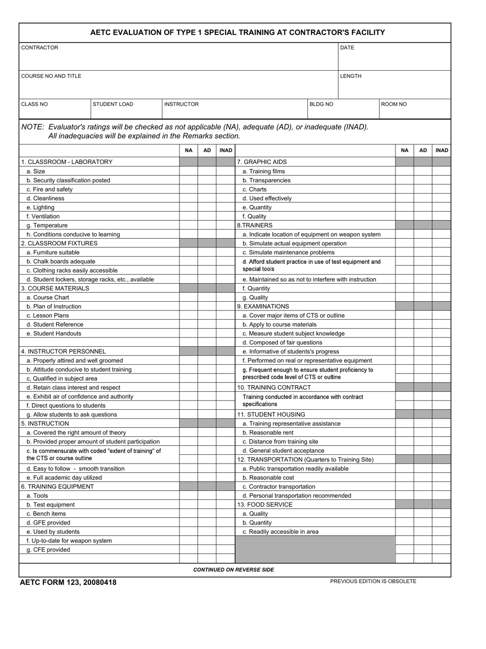 AETC Form 123 Aetc Evaluation of Type 1 Special Training at Contractors Facilitiy, Page 1