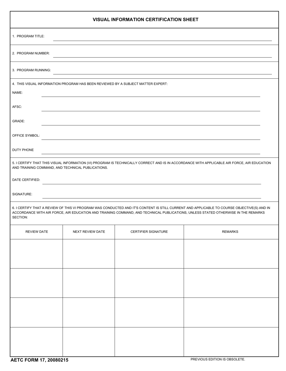 AETC Form 17 Visual Information Certification Sheet, Page 1