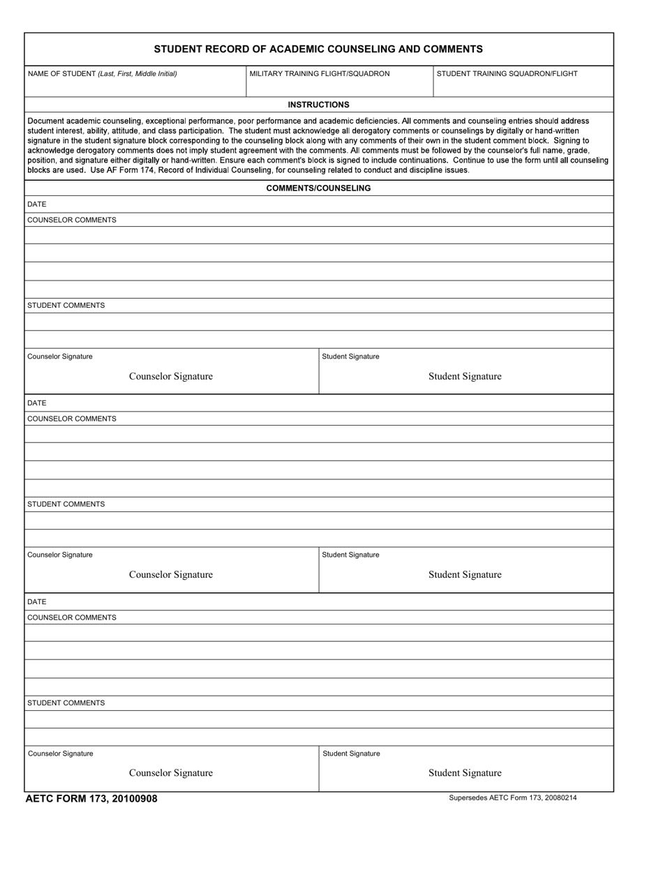 AETC Form 173 Download Fillable PDF or Fill Online Student Record of ...