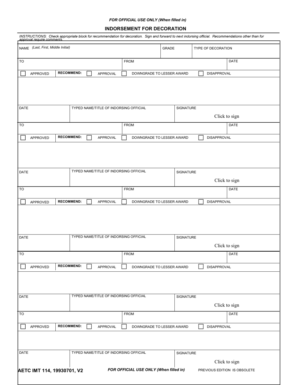 AETC Form 114 Indorsement for Decoration, Page 1