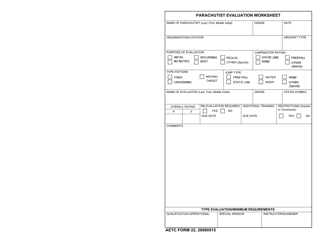 AETC Form 22 &quot;Parachutist Evaluation Worksheet&quot;
