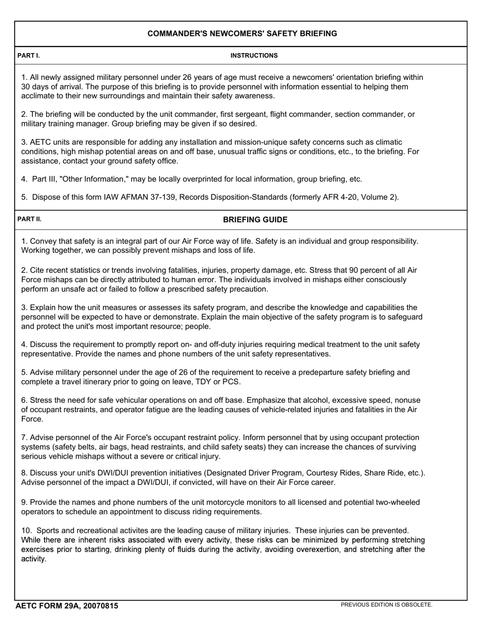 AETC Form 29A Commanders Newcomers Safety Briefing, Page 1