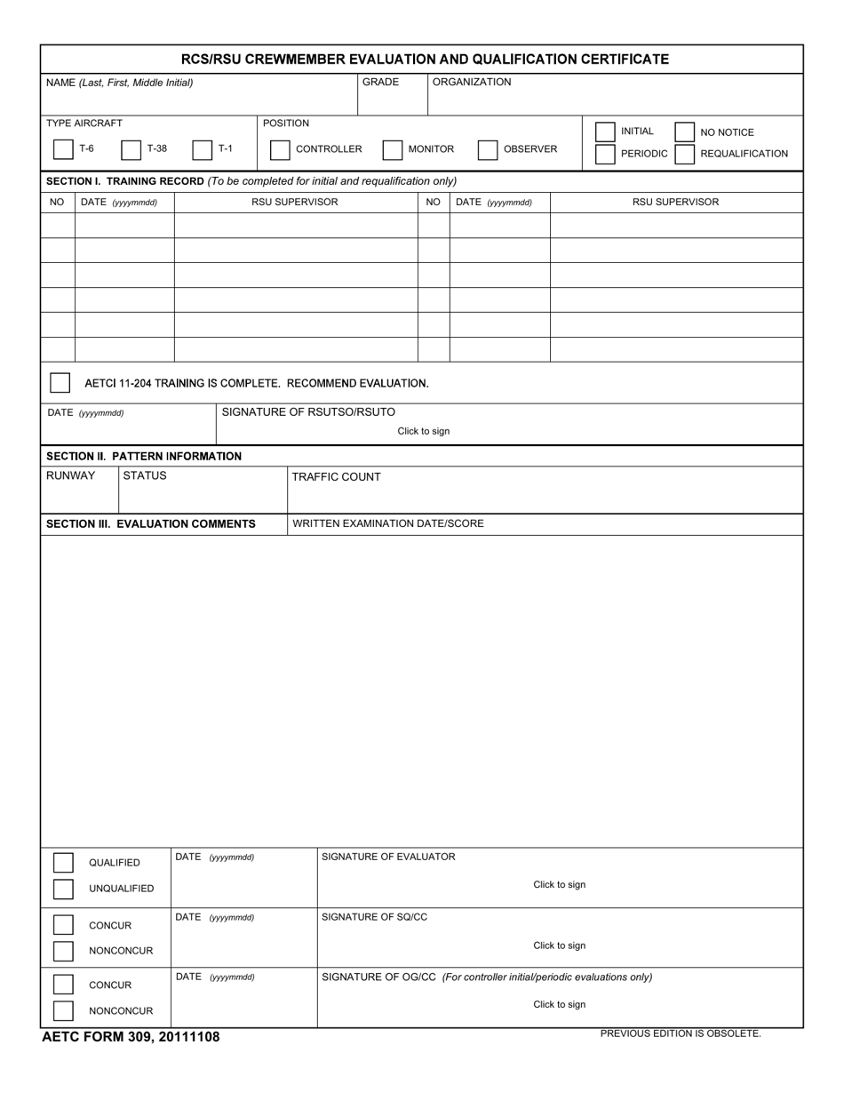 AETC Form 309 Download Fillable PDF or Fill Online Rcs/Rsu Crewmember ...