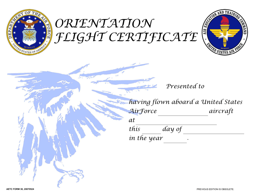 AETC Form 30 Orientation Flight Certificate