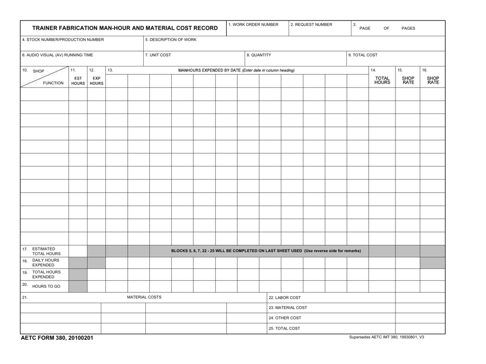 AETC Form 380 Trainer Fabrication Man-Hour and Material Cost Record, Page 1